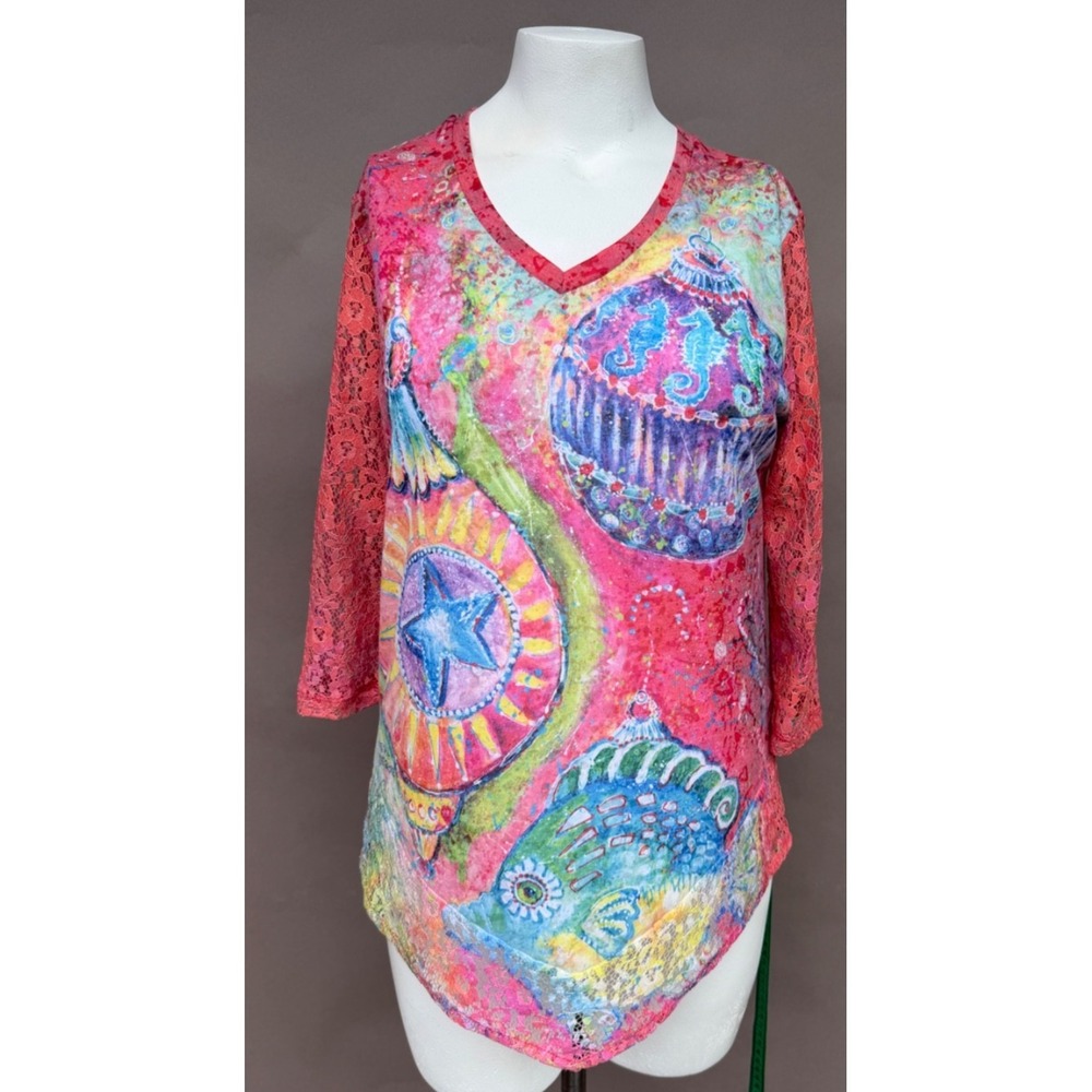 Leoma Lovegrove Top Womans Medium Ocean Christmas Beachy Coastal Asymmetrical - Picture 14 of 14